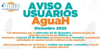 Agua de Hermosillo informa horarios especiales de oficina para atención al público por días festivos